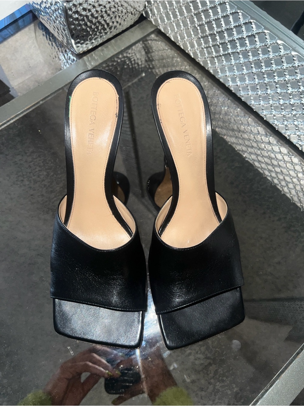 Bottega Veneta Black Leather Square-Toe Mule Sandals